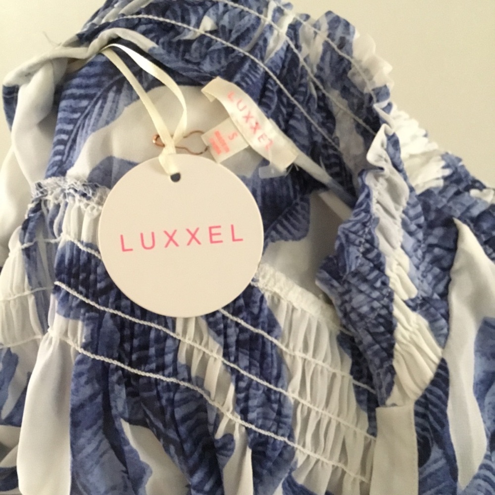 HP- LUXXEL BLUE&WHITE PRINT DRESS/LINED SHEER FULL SLEEVES/RUCHED BOTTOM/SZ S - Picture 8 of 11
